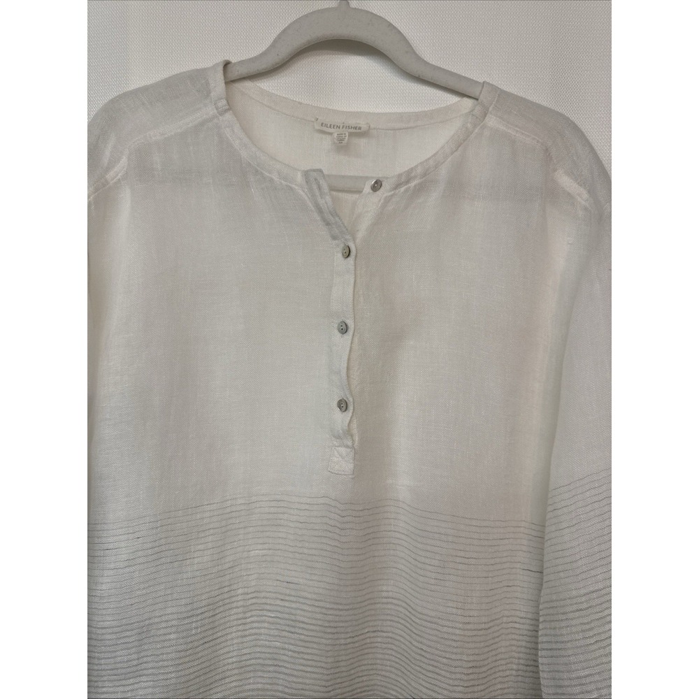 Eileen Fisher Linen Henley Blouse Top 3/4 Rolled Slv White Sheer Lightweight Art - Picture 2 of 14